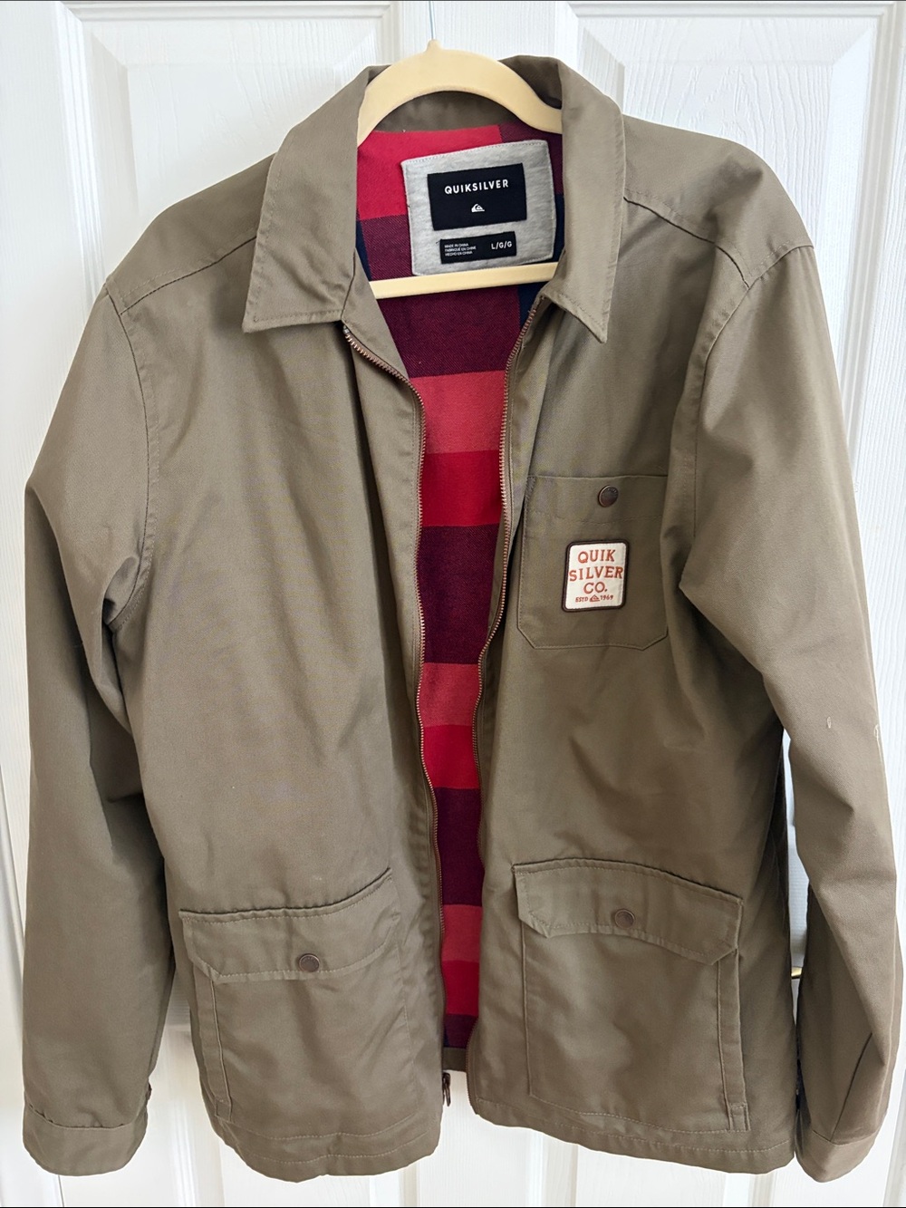 Men’s Quiksilver Olive Brown Jacket with Red Plaid Lining L